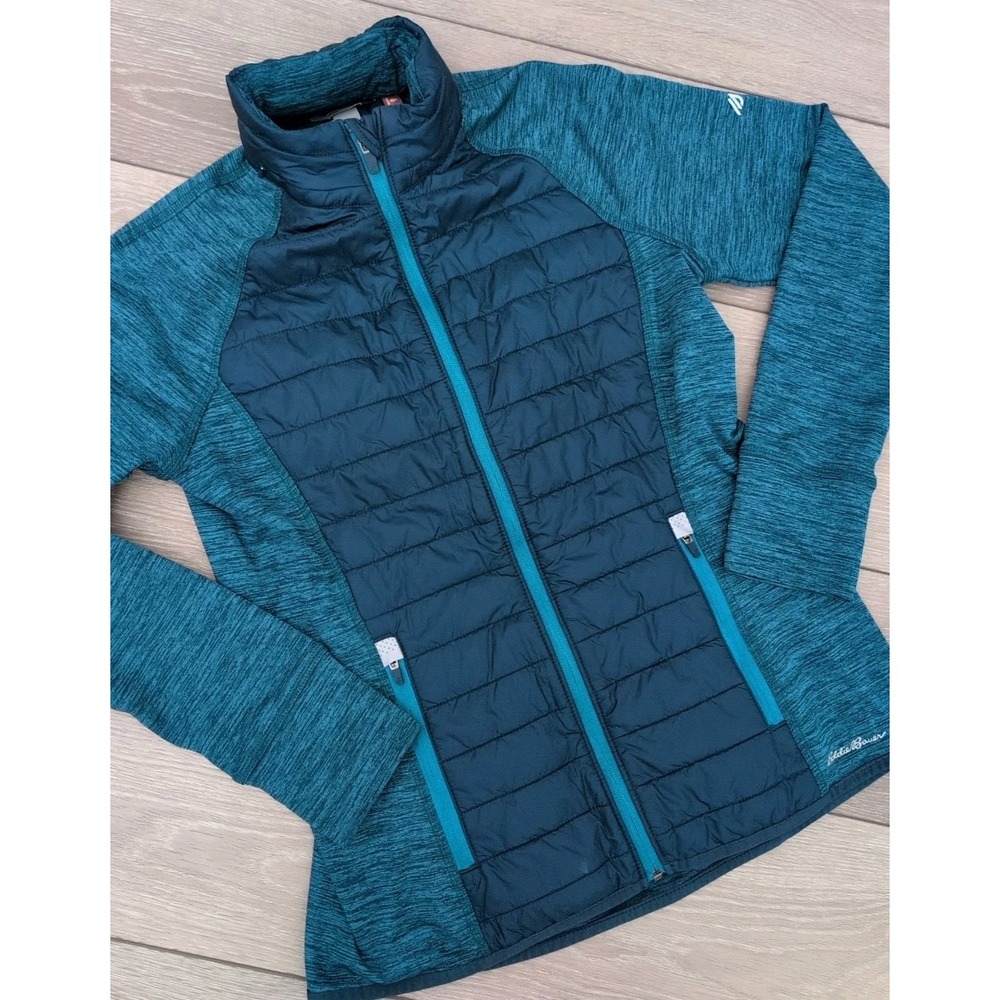 Eddie Bauer Womens Quilted Jacket Primaloft Hybrid Hidden Hood Teal Sz M